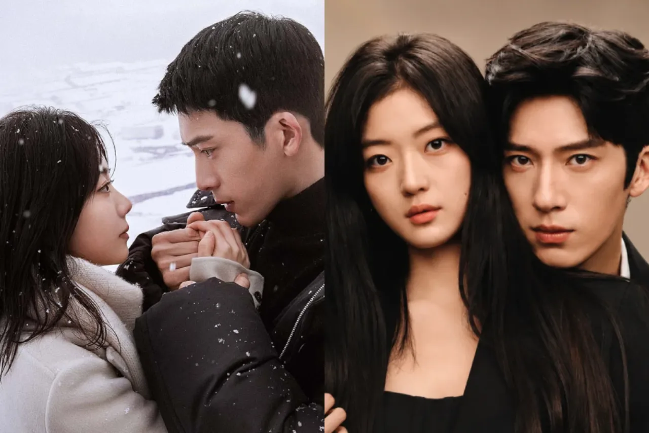 Jing Bo Ran aparece em close, cercado por pôsteres coloridos dos seis dramas que destacam seu charme