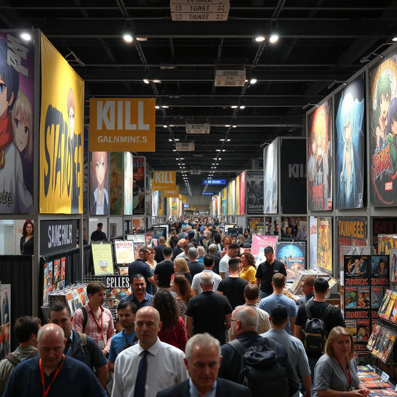 Painel da NYCC 2026 com pôsteres de Macross Frontier, arte de Gou Tanabe e logo da Dark Horse ao fundo