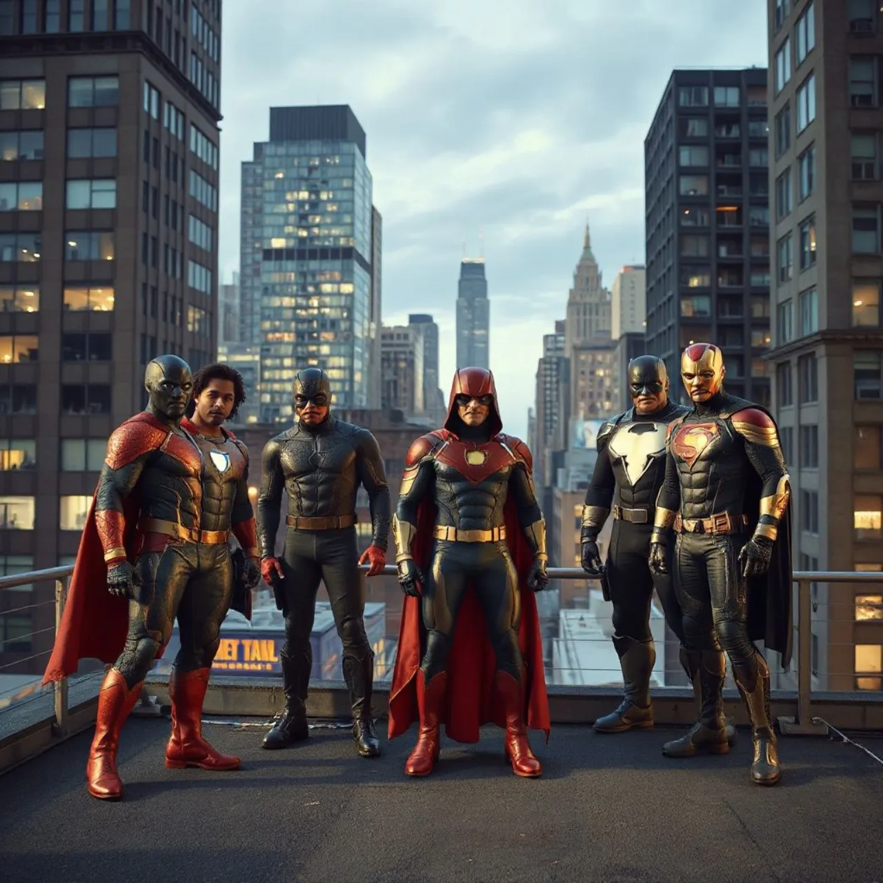 Jessica Jones ao lado de Luke Cage, Daredevil, Iron Fist e Moon Knight, contra o skyline de Nova York