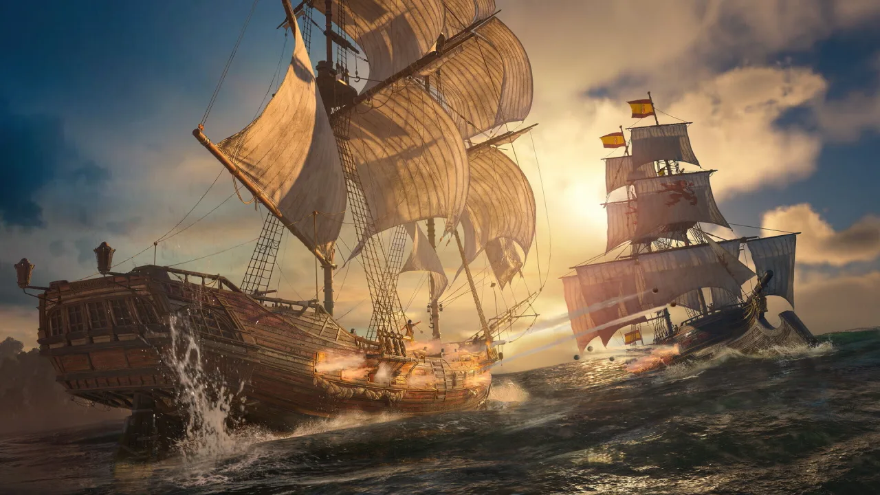 Edward Kenway em pose de combate sobre o convés do Jackdaw, empunhando suas lâminas sob um pôr do sol caribenho