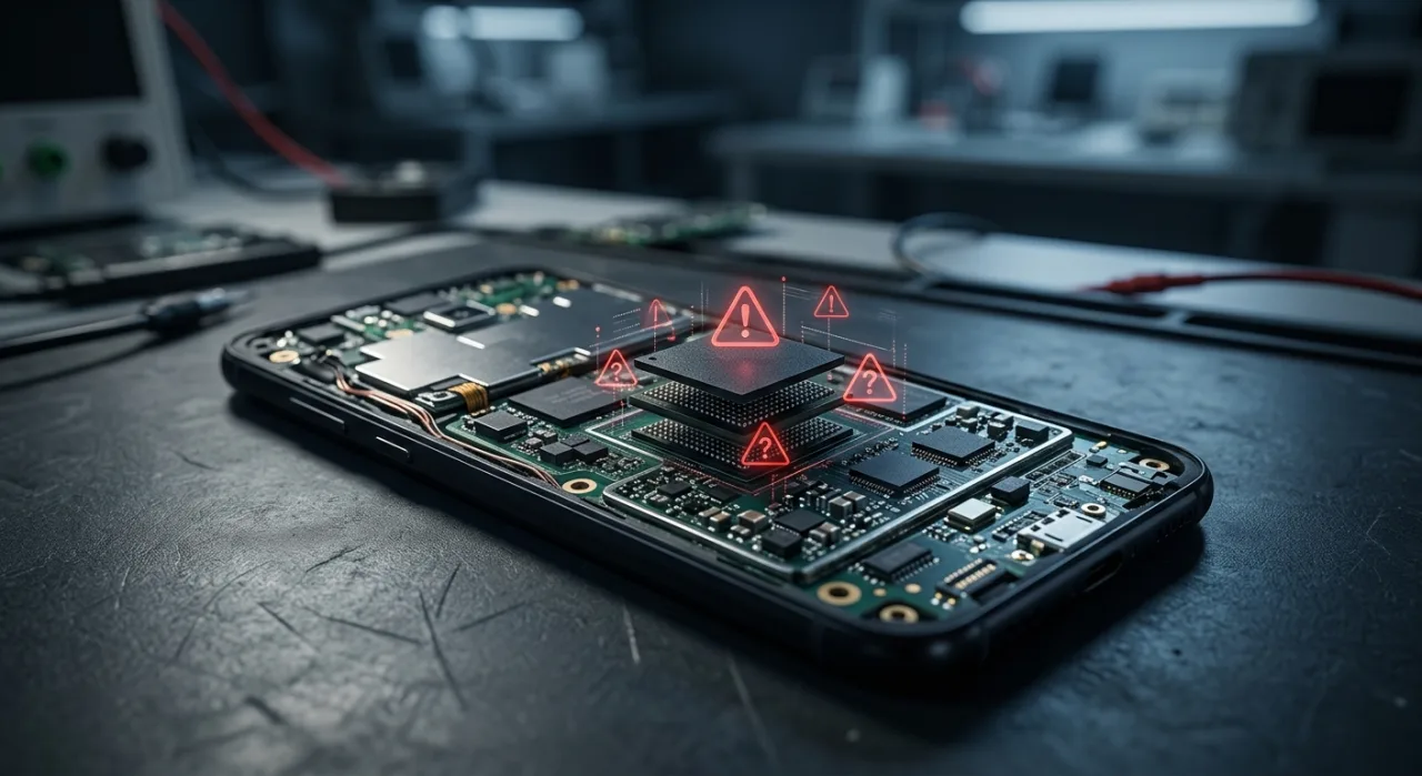 Desenvolvedor suando, segurando halteres de chips de RAM ao lado de smartphone com alerta de limite