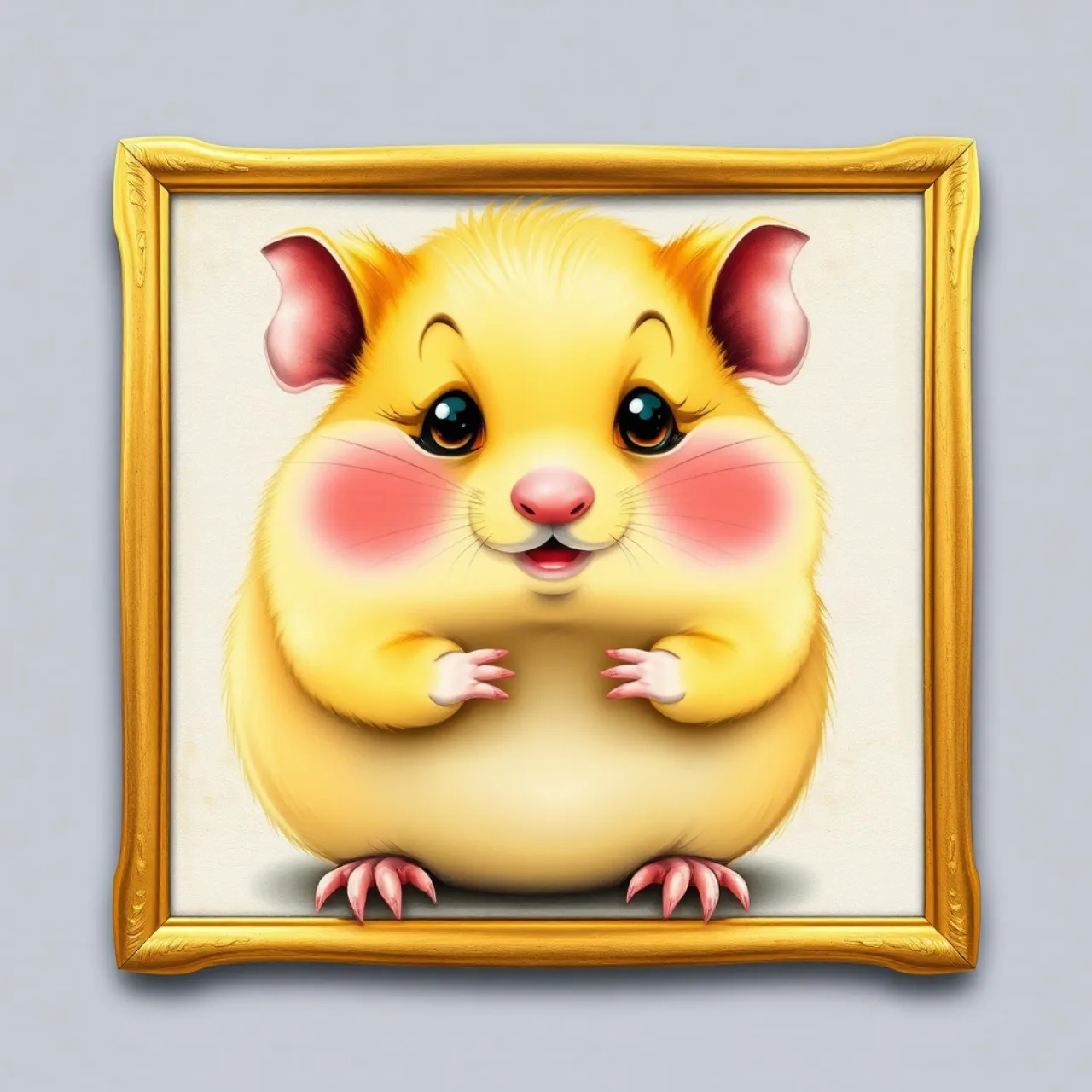 Desenho original de Pikachu “chonky” emoldurado, sobre uma mesa com martelo de leilão e selo da Heritage Auctions
