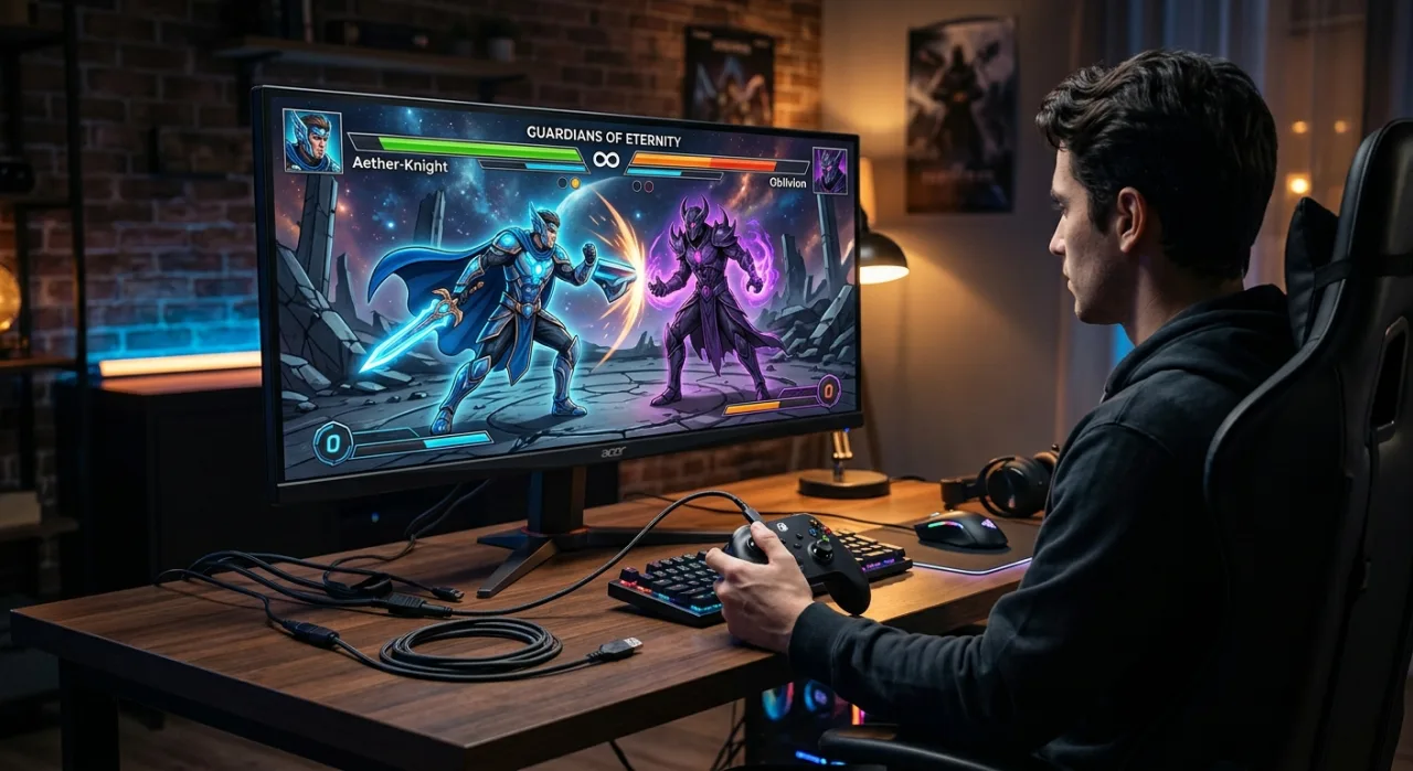 Um jogador concentrado, sentado frente ao PC, com headset, garrafa de água e um shake de proteína ao lado