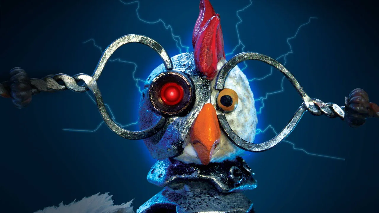 Pessoa levantando halteres de frango de plástico ao lado de TV exibindo Robot Chicken