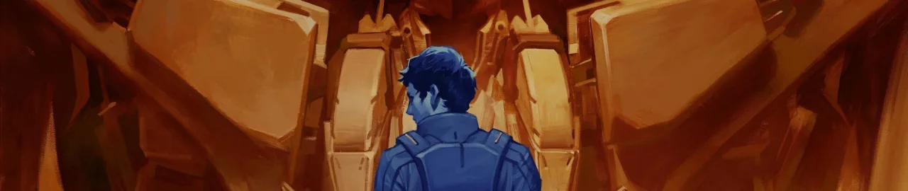 Um jovem em camiseta esportiva, sentado no sofá, segurando controle remoto e com fone, enquanto assiste a um robô Gundam na TV