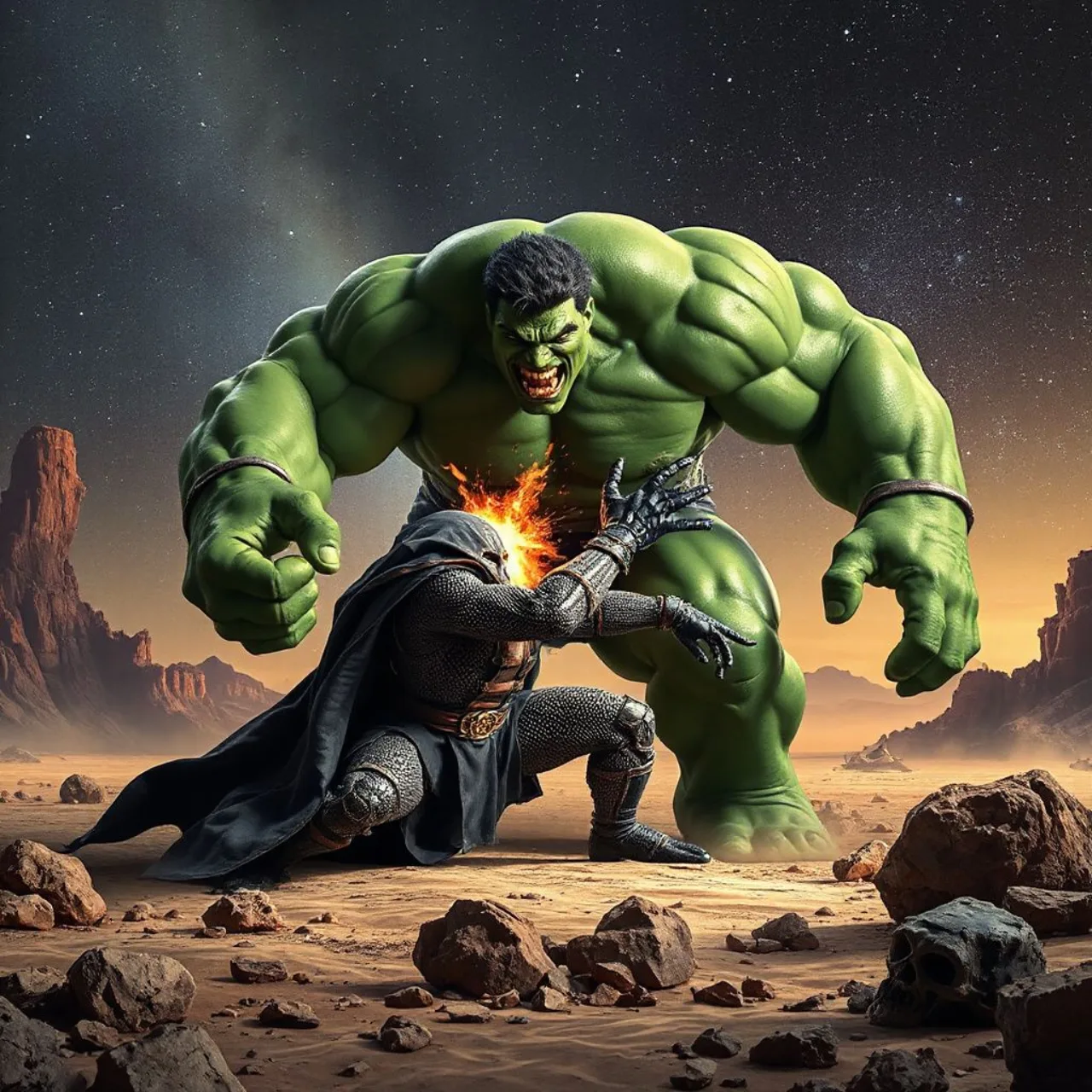 Hulk verde em pose de explosão, com punho levantado, enquanto Thanos observa assustado ao fundo
