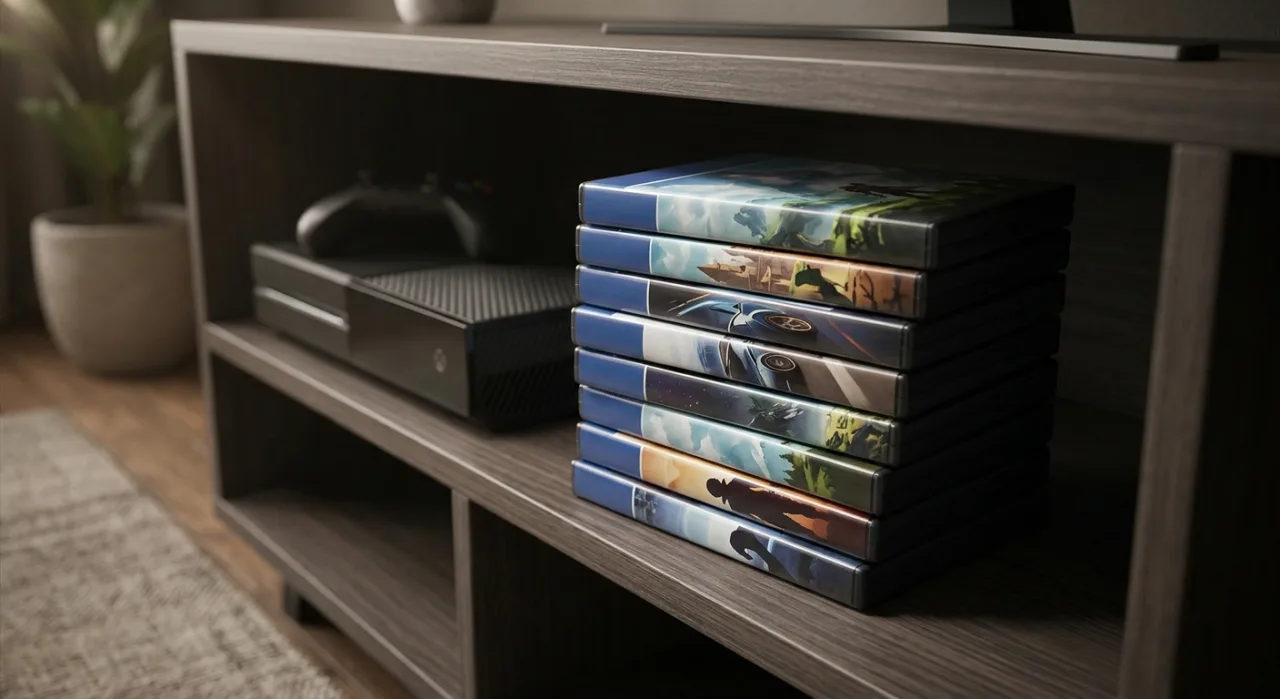 Xbox Series X com capas de Croc 2, The Wolf Among Us Remastered e Metro Redux ao lado de calendário 26‑31/10