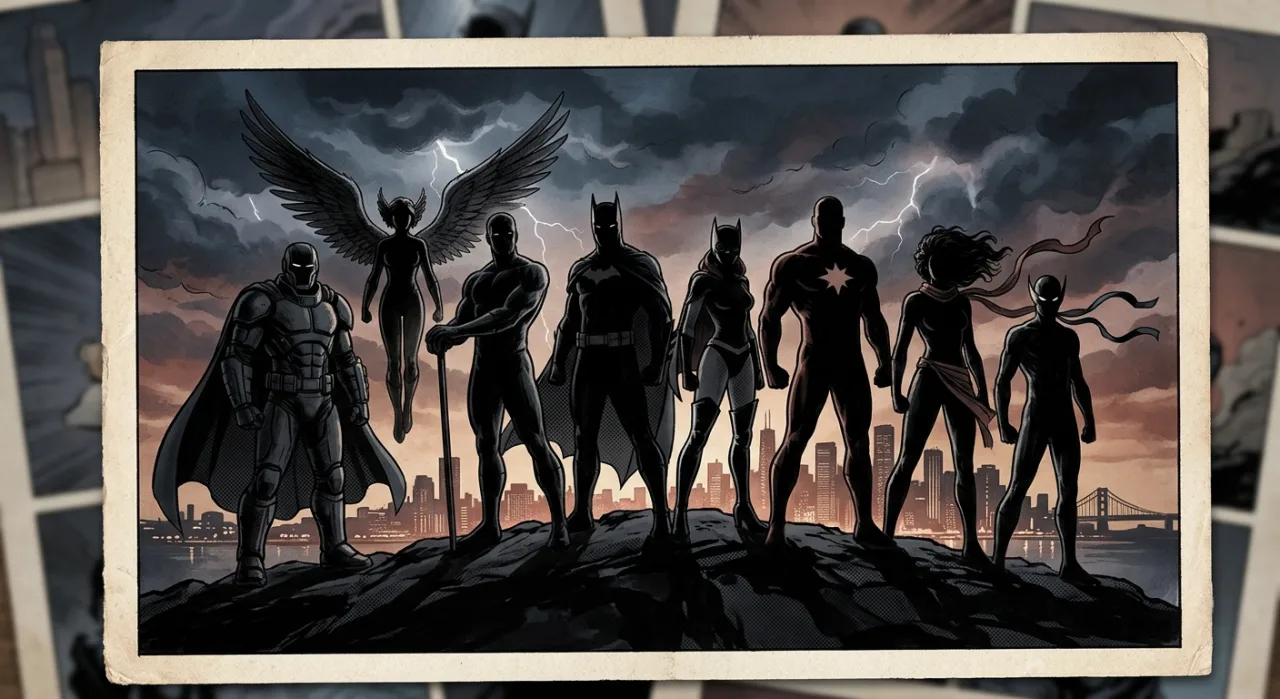 Logotipos coloridos das equipes JSA, X‑Men, Fantastic Four, Justice League e Teen Titans sobre fundo escuro