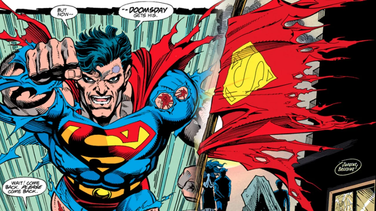 Homem musculoso em pose de Superman, segurando a figura Doomsday, ao lado de halteres e tapete de yoga