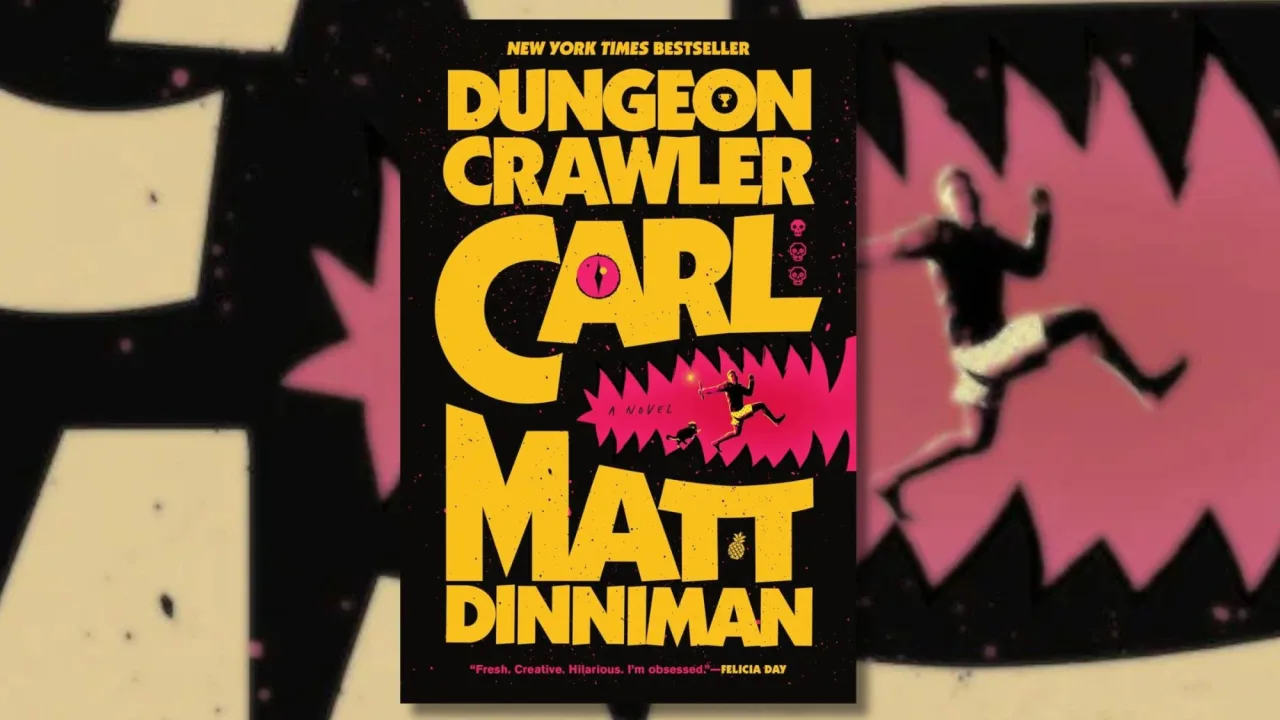 Capa do livro “Dungeon Crawler Carl” em estilo pixel art, com título em fonte retro e personagem aventureiro pixelado