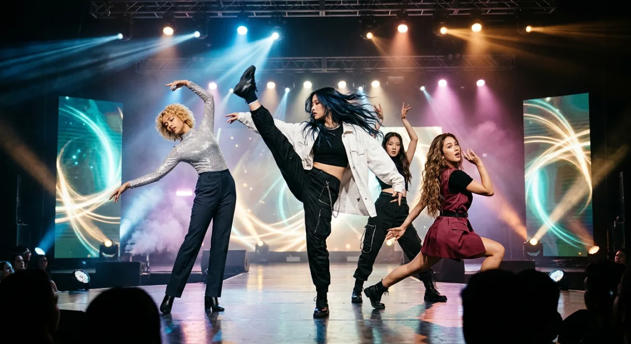 Sete idols de K‑pop em trajes brilhantes, executando coreografia sincronizada sob luzes vibrantes