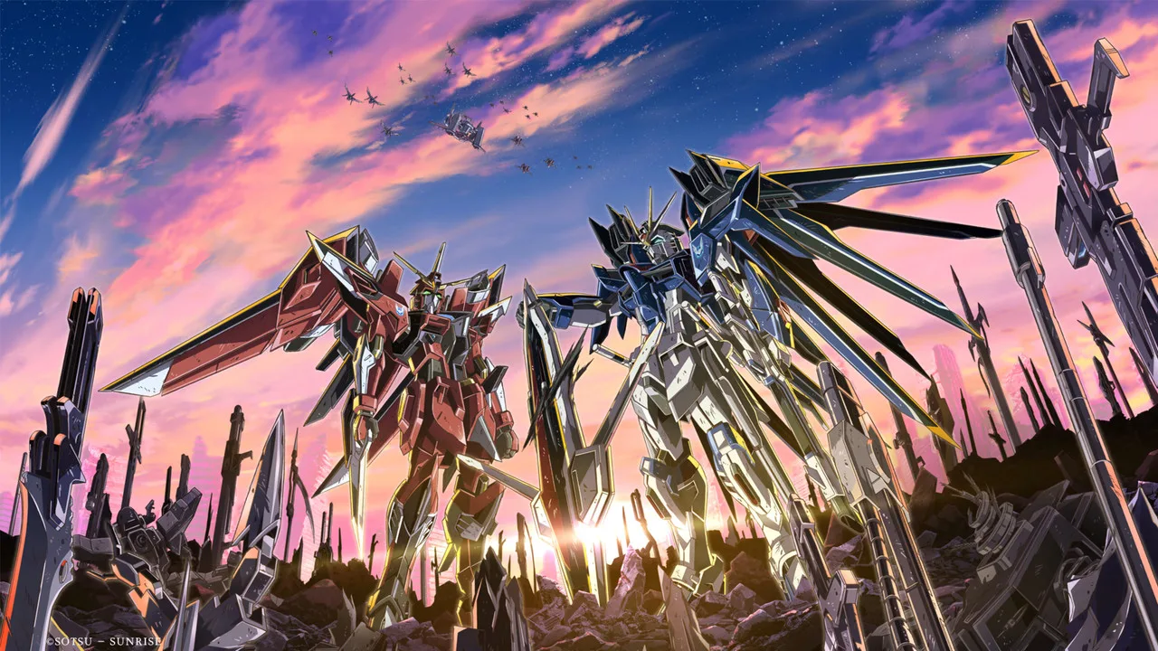 Atleta vestindo camiseta com logo Gundam faz flexão ao lado de shake de proteína e miniatura do mobile suit