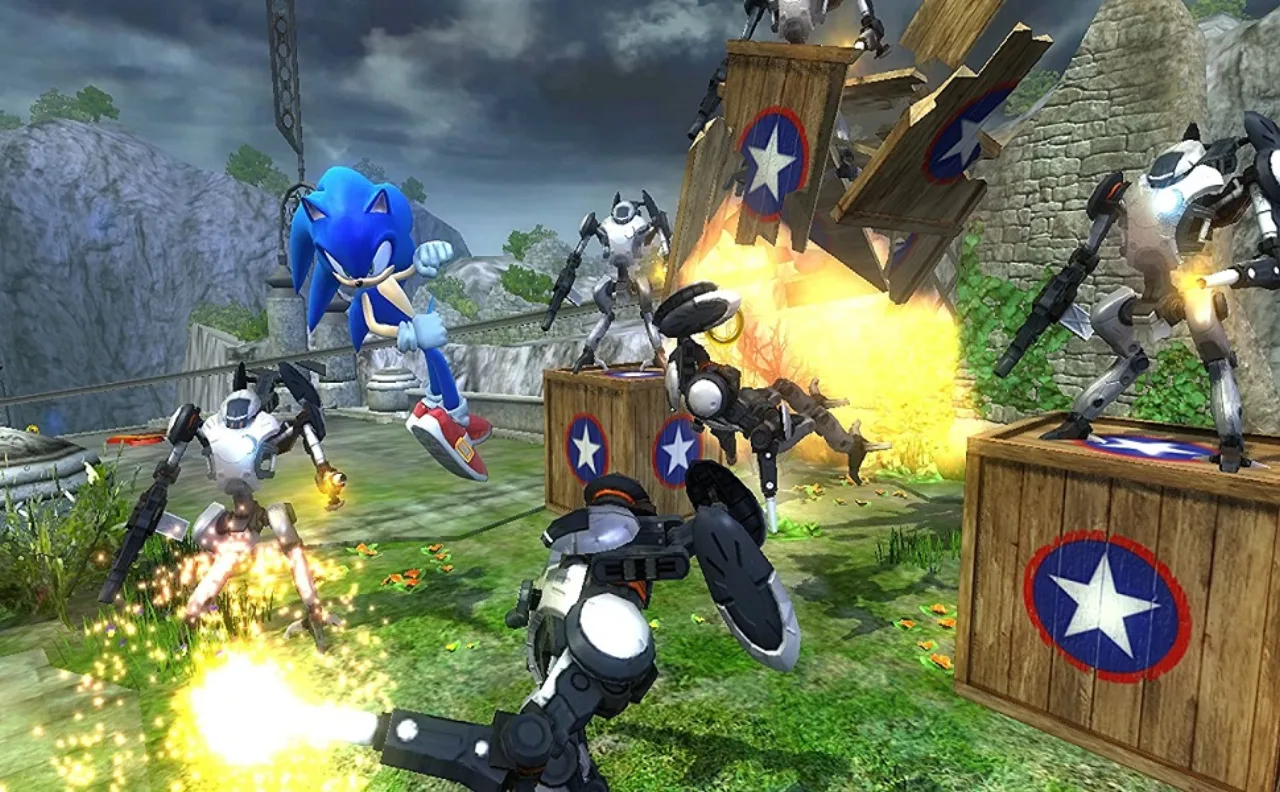 Corredor em esteira usando fone, com controle do Switch 2 ao lado, jogando Sonic Frontiers