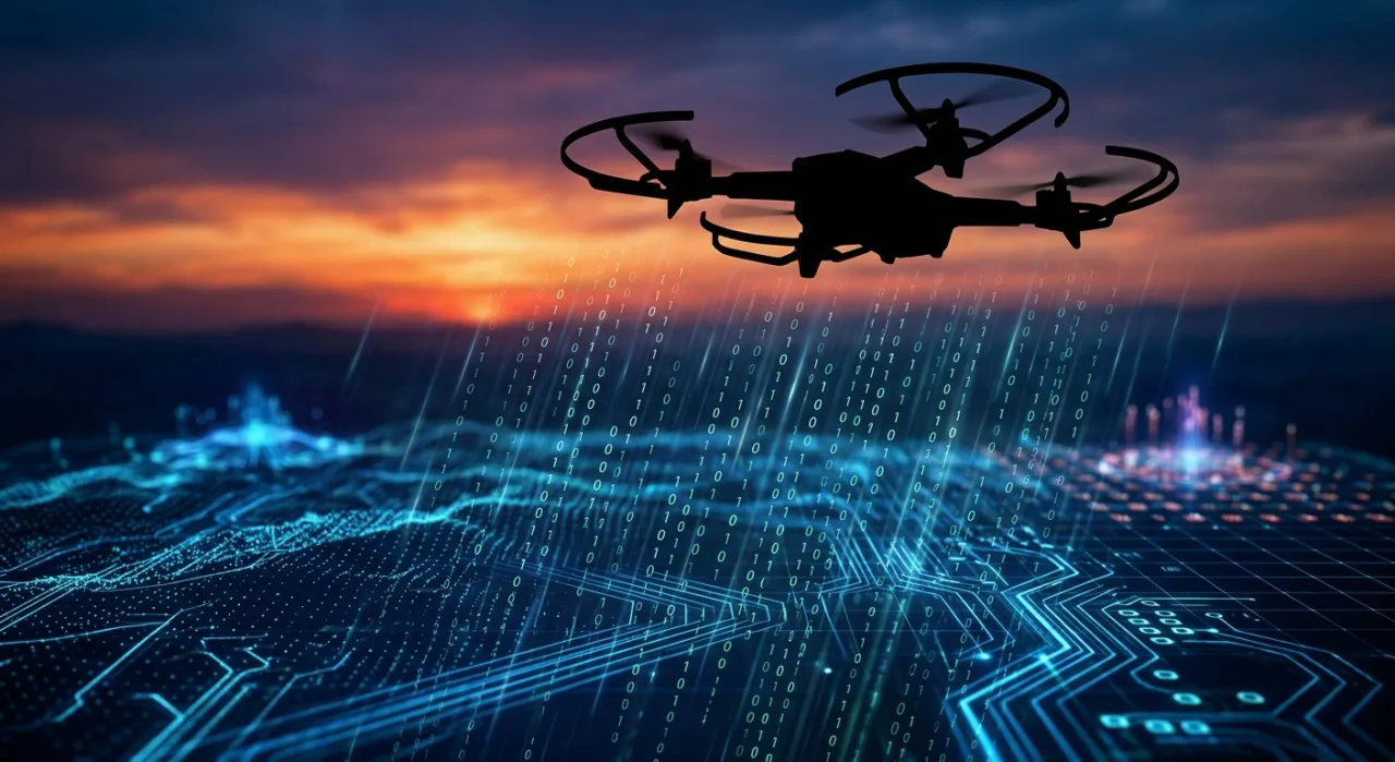 Drone militar de alta tecnologia sobrevoando um cenário de conflito com sensores de mira ativos e interface digital