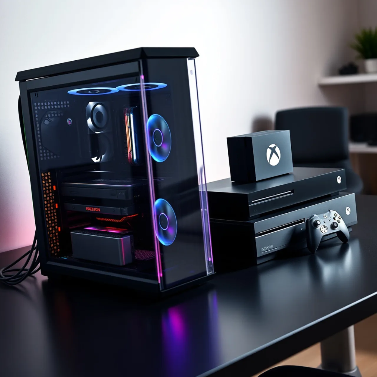 Atleta em roupa esportiva, segurando um controle Xbox, ao lado de um laptop NVIDIA RTX iluminado