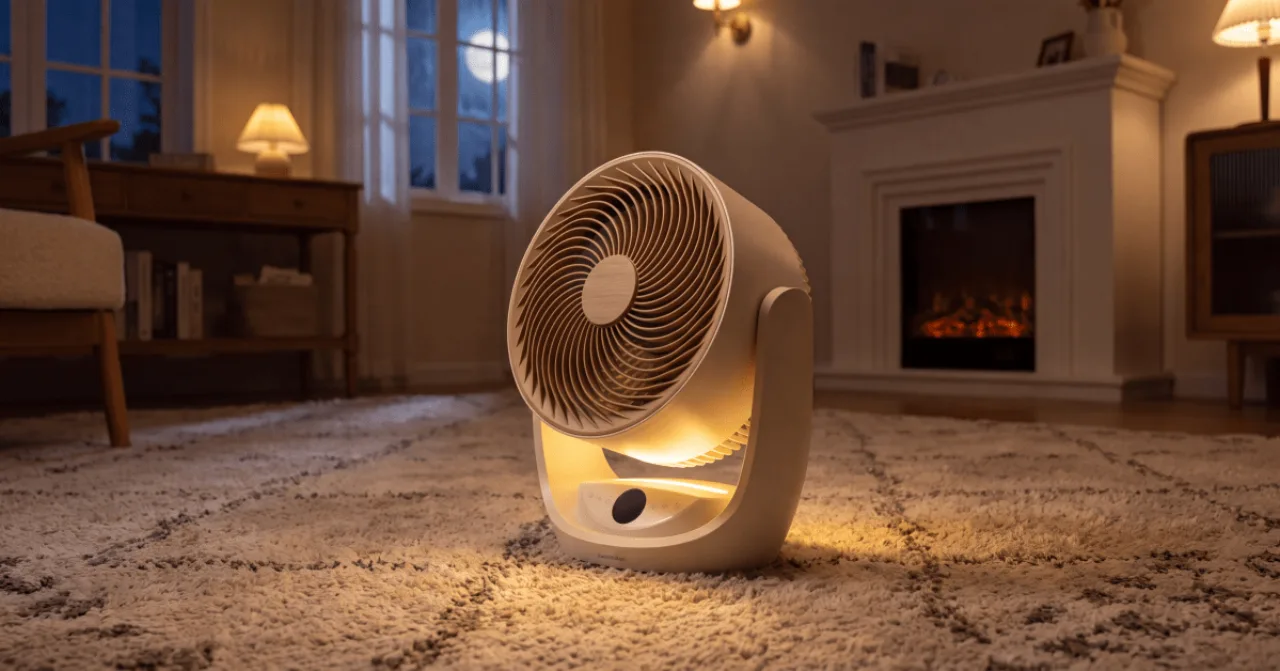 Pessoa suando faz exercícios em esteira enquanto o SwitchBot Battery Circulator Fan 2 Pro sopra ar fresco ao lado