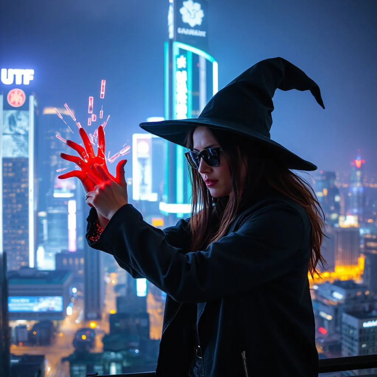 Capa de Glitch Witch mostra uma bruxa cibernética com capuz neon ao lado do logo de Ghost in the Shell