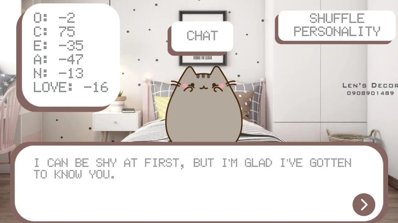 Tela do iPhone exibindo Pusheen decorando um cômodo com móveis temáticos e dezenas de variantes felinas