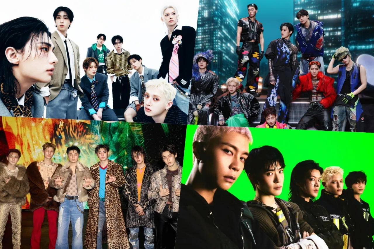 Membros de Stray Kids, ATEEZ, ENHYPEN e NCT 127 posam ao lado de troféus Platinum da Circle Chart