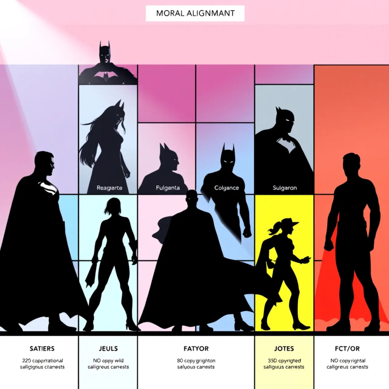 Painel com nove heróis da Marvel, cada um posicionado ao lado de um símbolo colorido da tabela de alinhamento de D&D