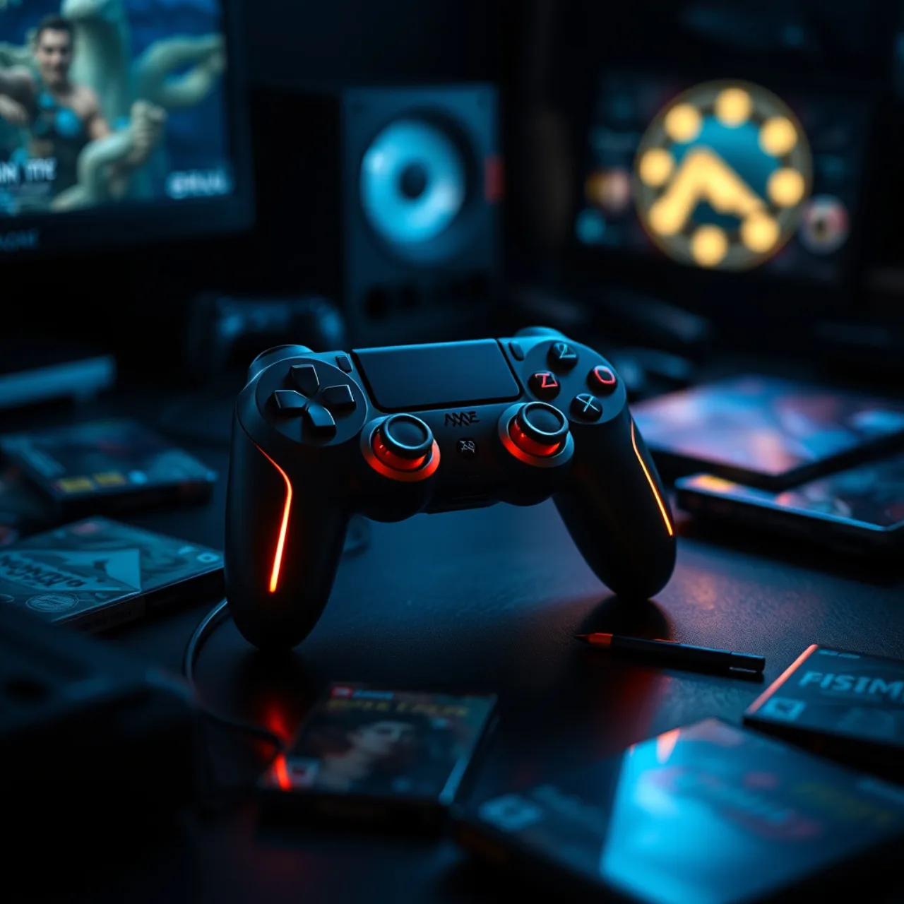 Um jovem sentado no sofá, segurando um controle de PS5, cercado por latas de energético e barras de proteína