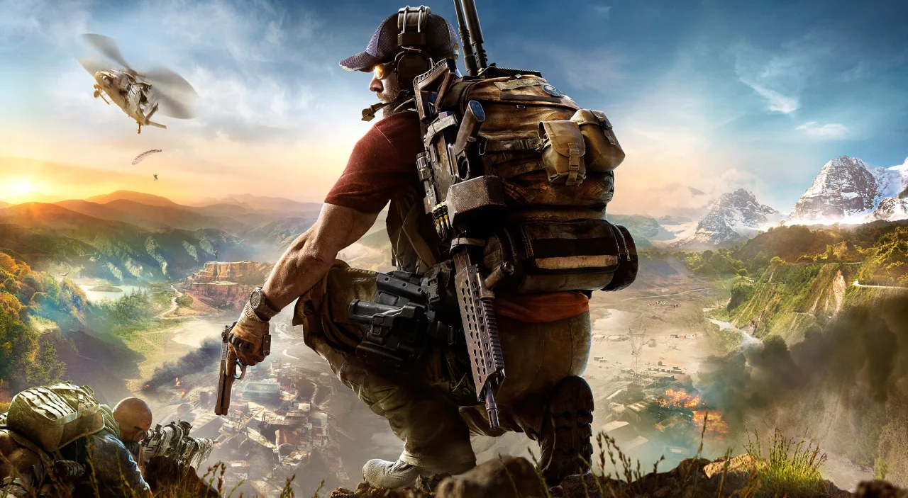 Atleta em roupa de compressão faz agachamento com halteres, ao fundo tela mostrando gráficos 4K/60FPS do Ghost Recon