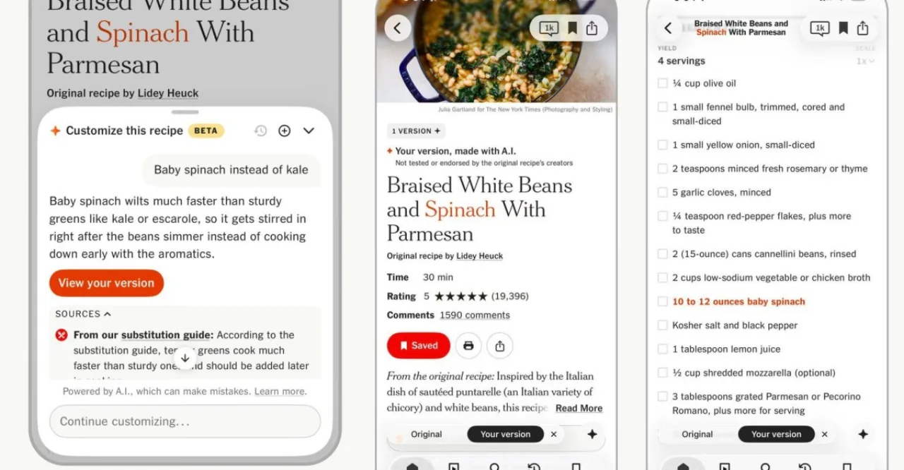 Tela de smartphone exibindo o app NYT Cooking com receita aberta e botões de IA para substituir ingredientes e ajustar porções