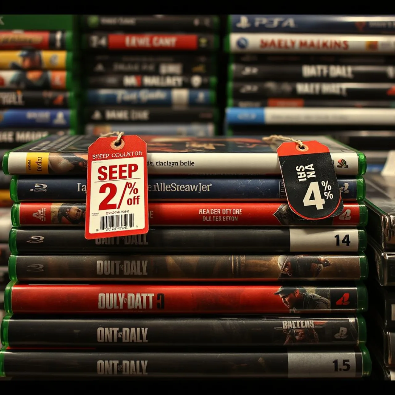 Console Xbox Series X ao lado de capas de jogos com etiquetas vermelhas de 90%‑95% de desconto e o logo da Xbox Store