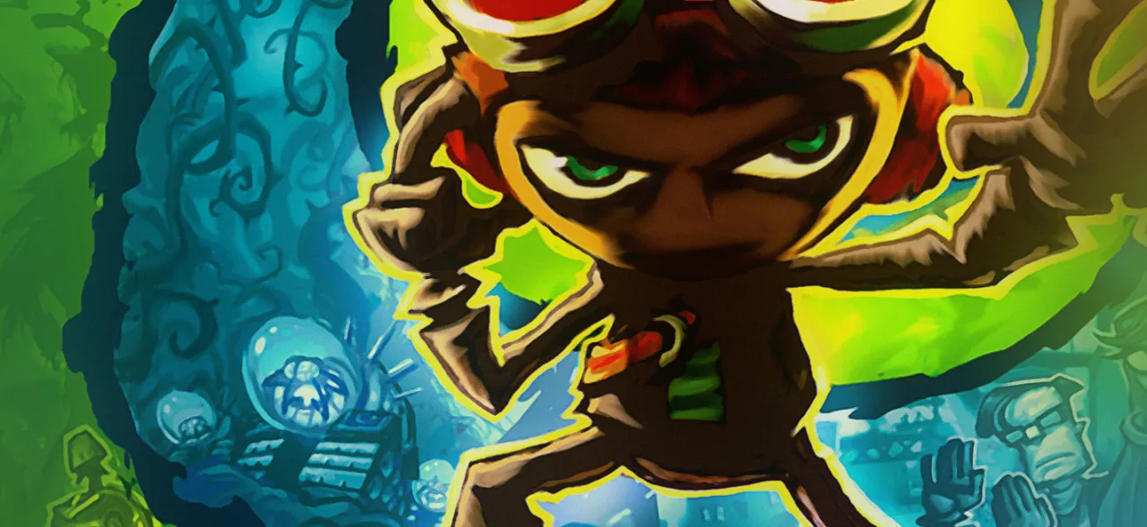 Tim Schafer segurando um controle de videogame ao lado de halteres coloridos