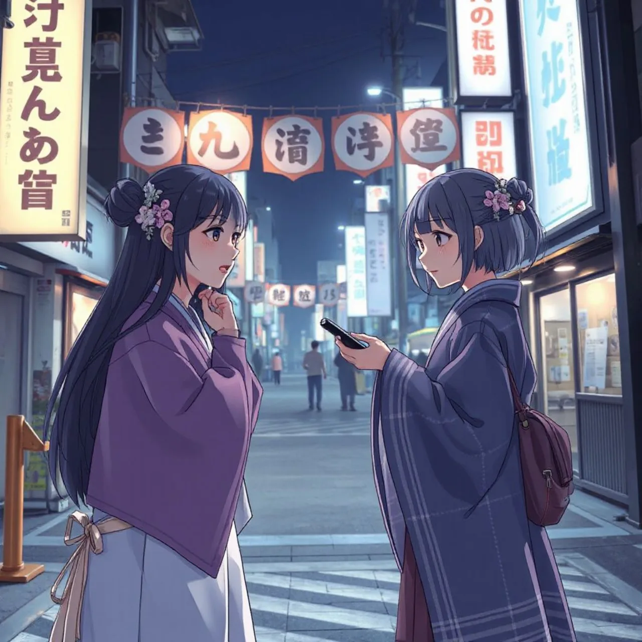 Uma Yuki-onna de quimono azul segurando um anel brilhante enquanto flutua sobre flocos de neve estilizados
