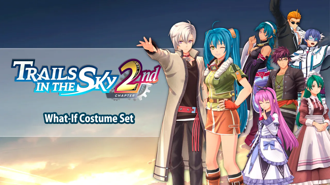 Estelle e Joshua em pose heroica ao lado dos ícones dos novos pacotes DLC de Trails in the Sky 2nd Chapter