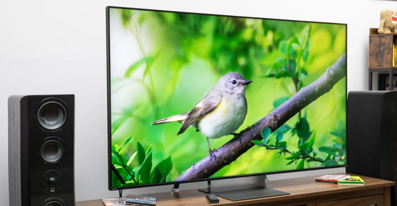 Homem em roupa de treino, segurando halteres, assistindo a um filme na TV Sony Bravia 9 II