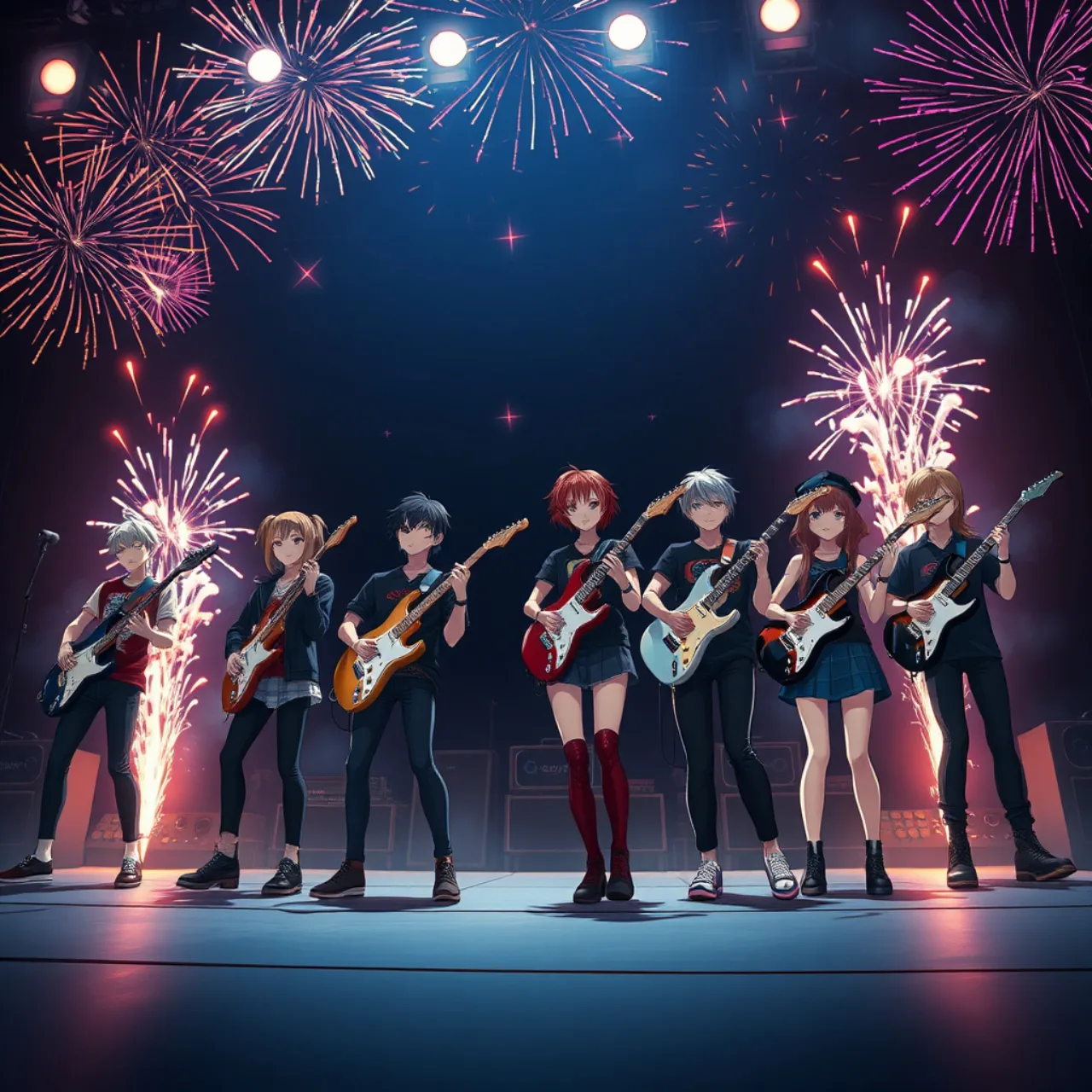 Jovem em roupa esportiva levanta halteres ao som de guitarra elétrica, com pôsteres de anime nas paredes