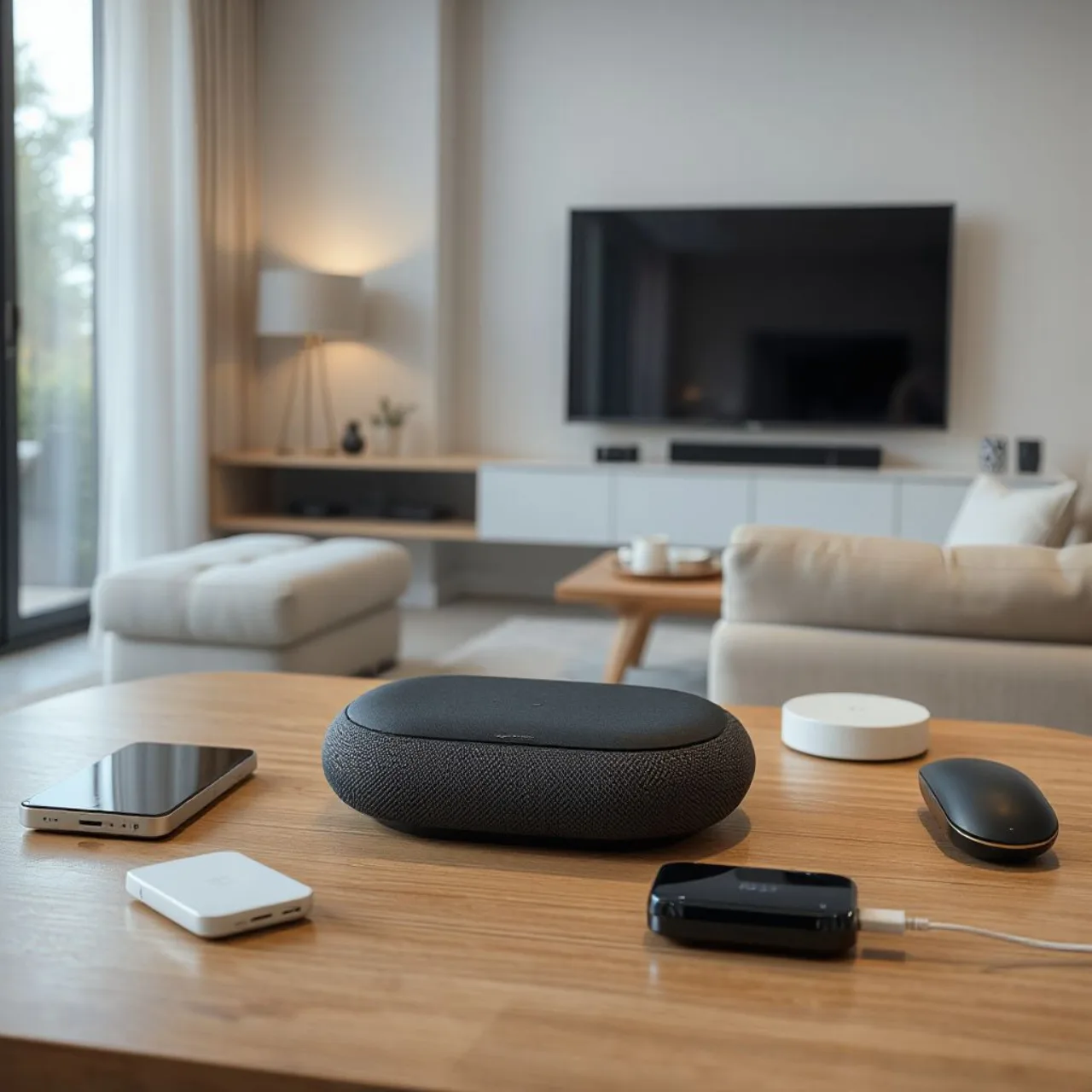 Sala moderna com Apple TV, HomePod mini e novo hub inteligente exibindo o logo da Apple em destaque