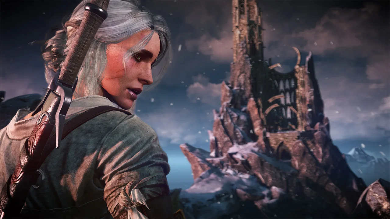 Um jovem em camiseta de treino faz alongamento ao lado de um console e um cartucho de The Witcher