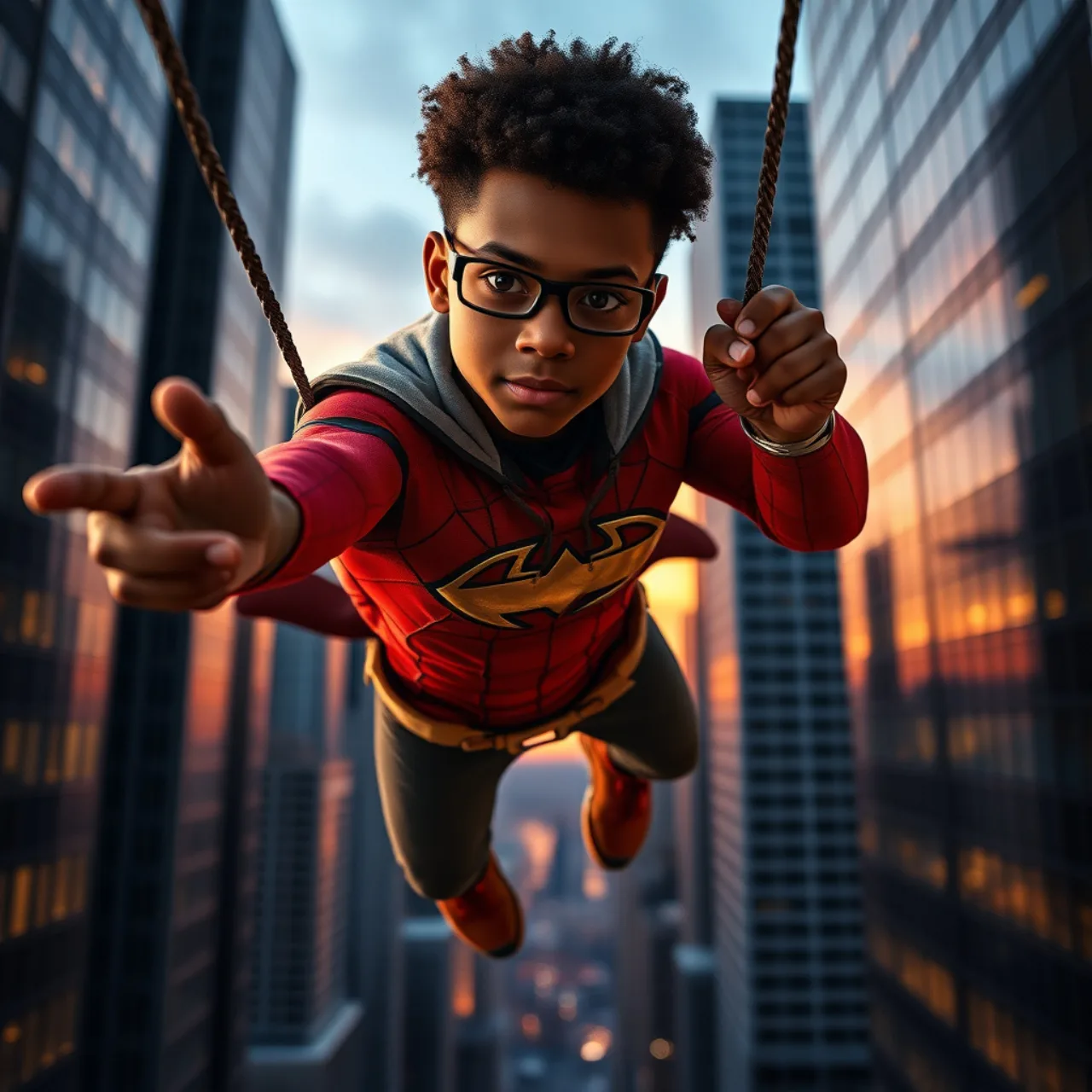 Miles Morales vestindo traje vermelho e preto, fazendo flexão de braço em um parque urbano ao pôr‑sol