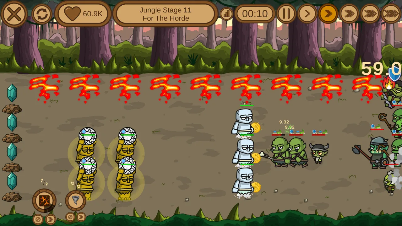 Chuva de fogo sobre goblins enquanto golens dourados defendem em Anvira: Forge Defense