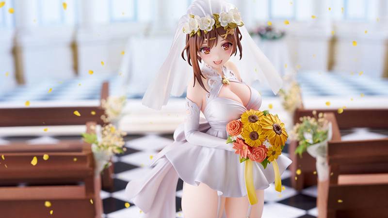 Modelo em roupa de ginástica segurando a figura de Reisalin Stout em traje de casamento, ao lado de halteres