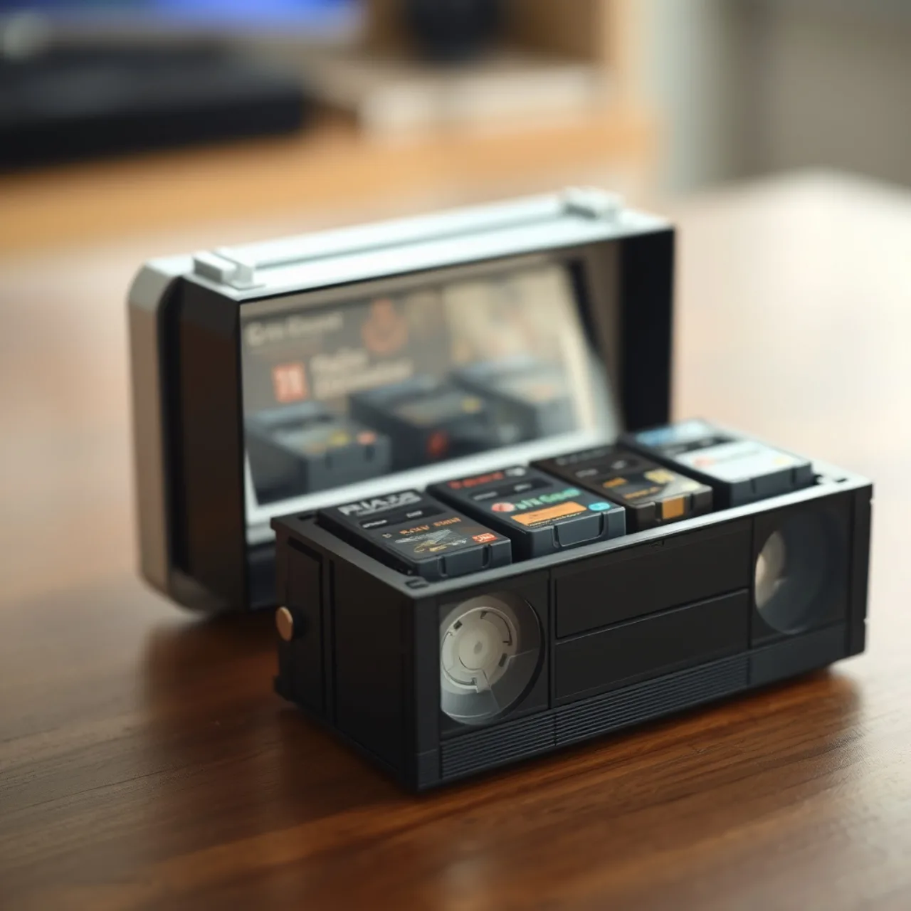 Pessoa em roupa esportiva segurando a mini caixa VHS de Terminator 2 e um controle do Switch, ao lado de halteres e uma garrafa de água