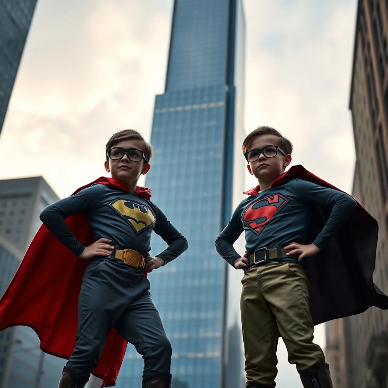 Superman em pose de flexão, traje azul, ao lado de dois adolescentes em uniformes semelhantes, segurando halteres