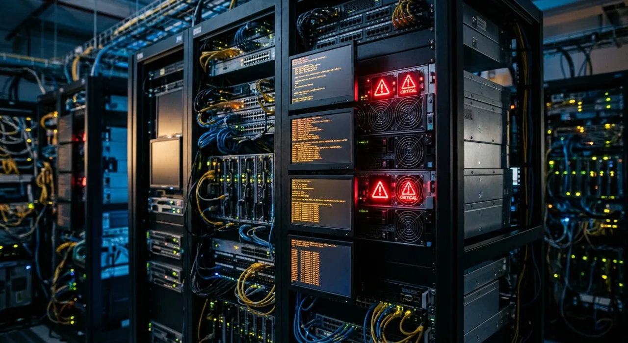 Tela de computador mostrando o logo PHP ao lado de um alerta vermelho de vulnerabilidade crítica