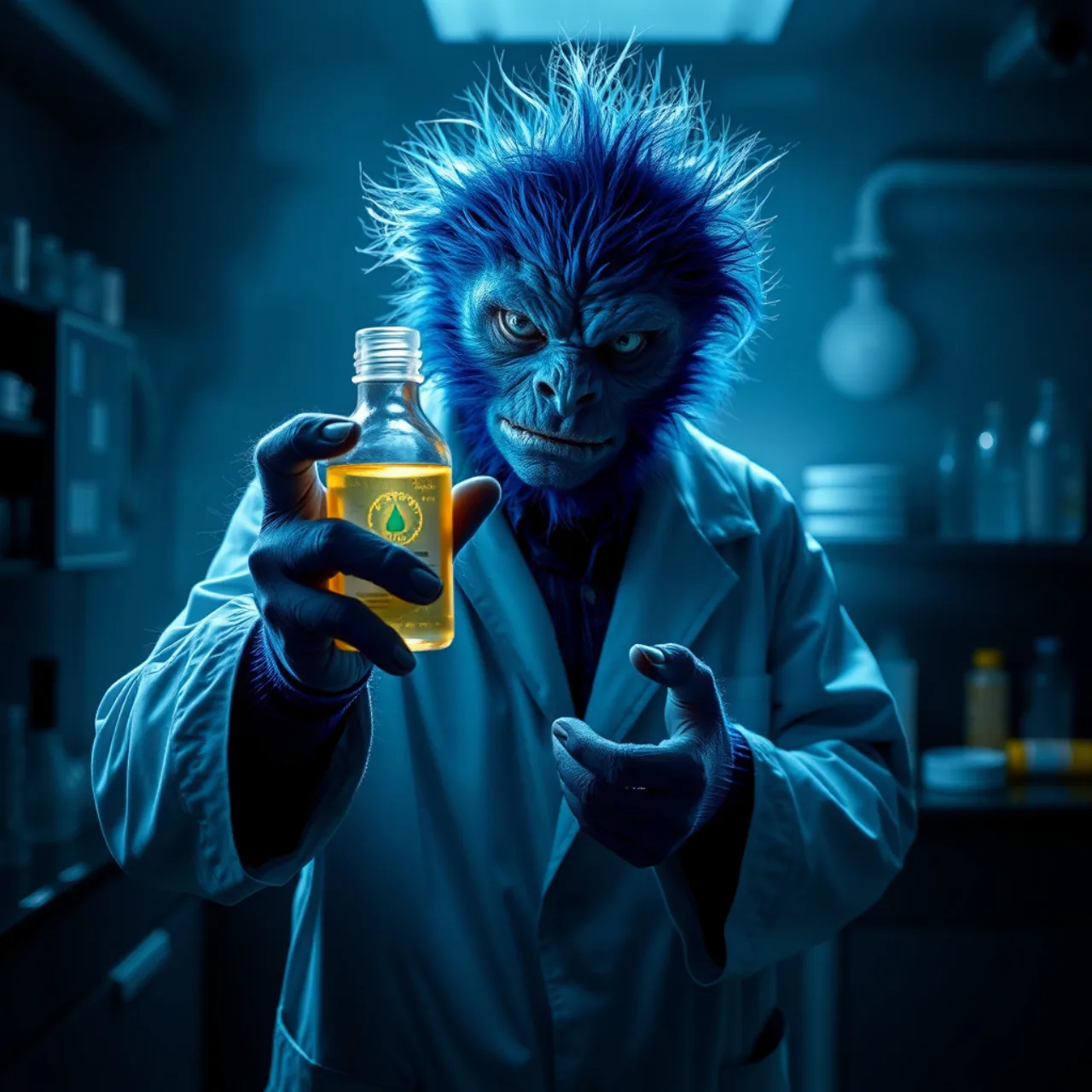 Homem musculoso em traje azul, segurando halteres, com fundo de laboratório de ciência