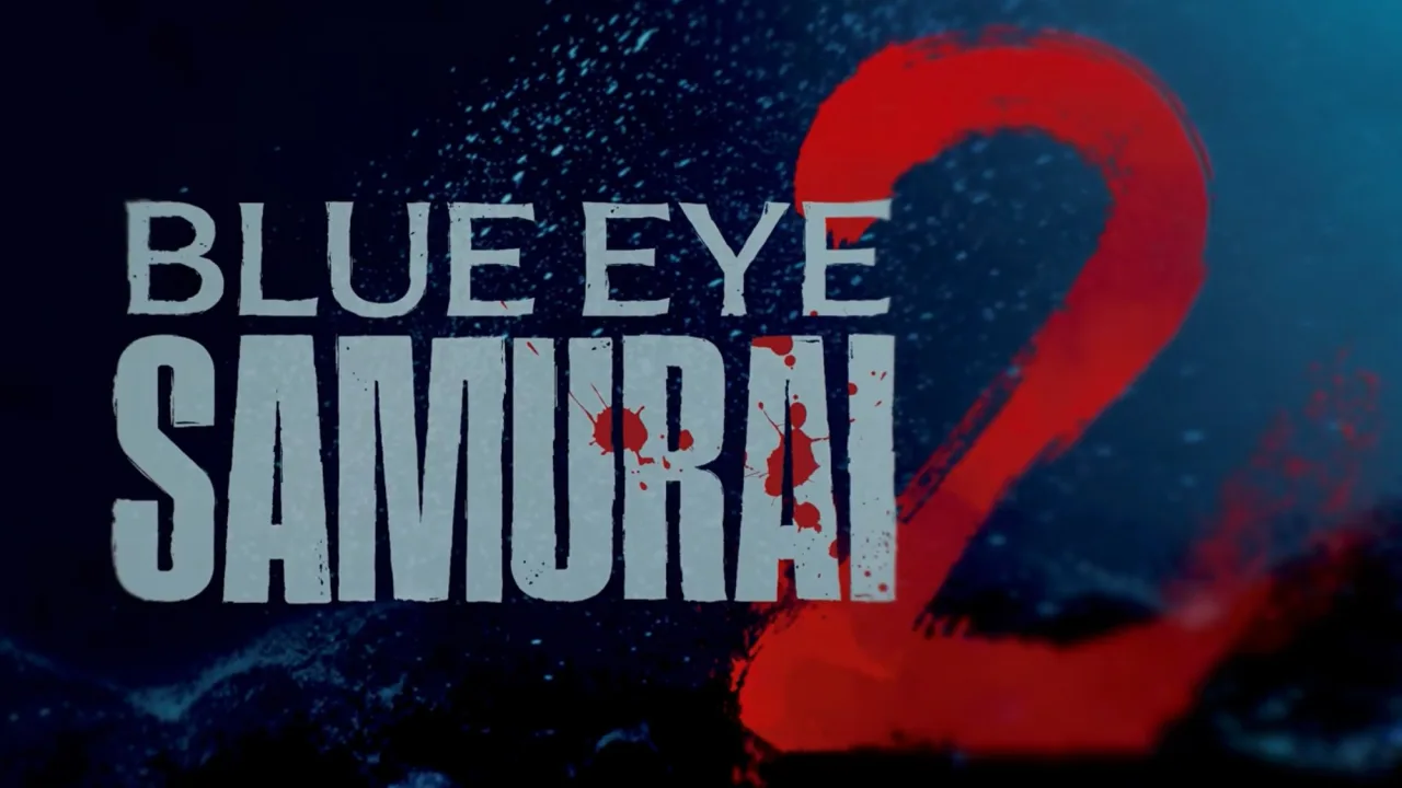 Jonathan Pryce, Joel Kim Booster e Sherry Cola ao lado do logo da Netflix e o título Blue Eye Samurai sobre Londres