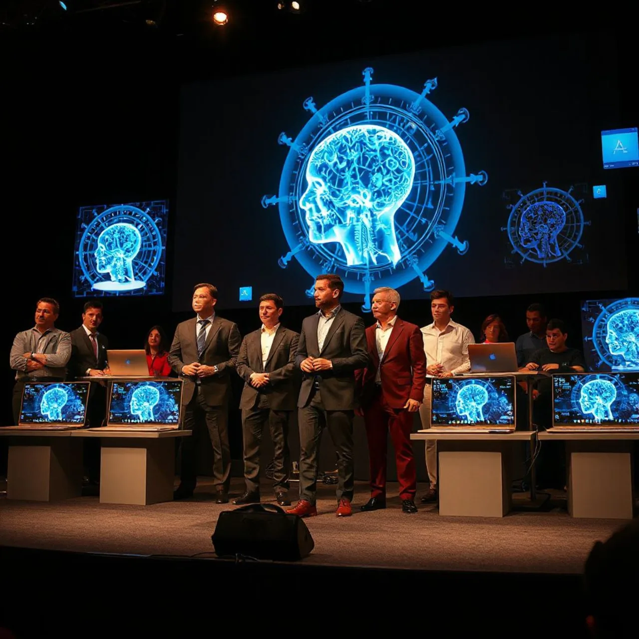 Satya Nadella, Jensen Huang e Pavan Davuluri no palco, com logos Microsoft, Nvidia e Surface e tela de IA ao fundo