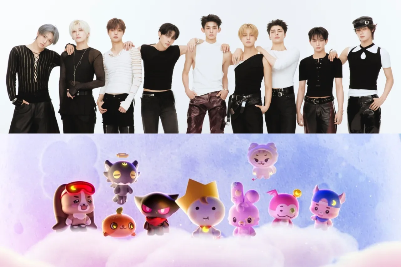 Mascotes coloridos em estilo pastel, cada um representando um integrante do &TEAM, ao lado do logotipo da TEAMILY