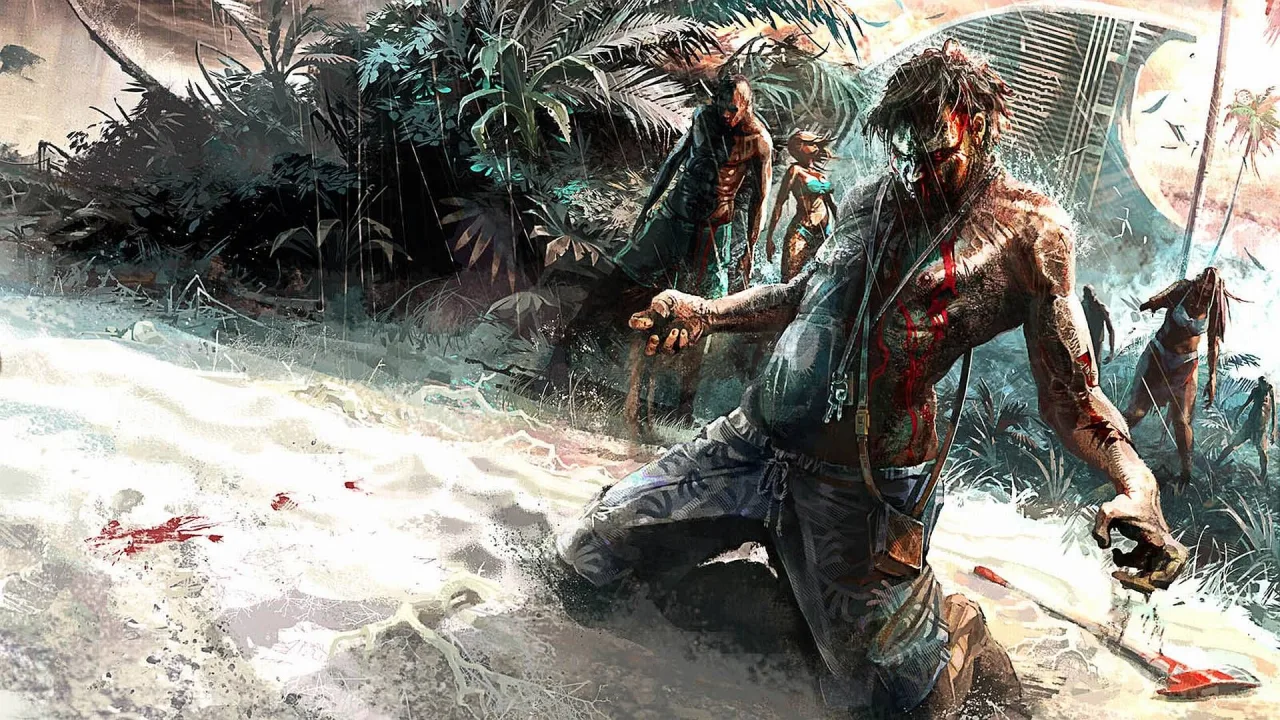 Jovem suando, fazendo burpees, com a tela do trailer de Dead Island projetada ao fundo