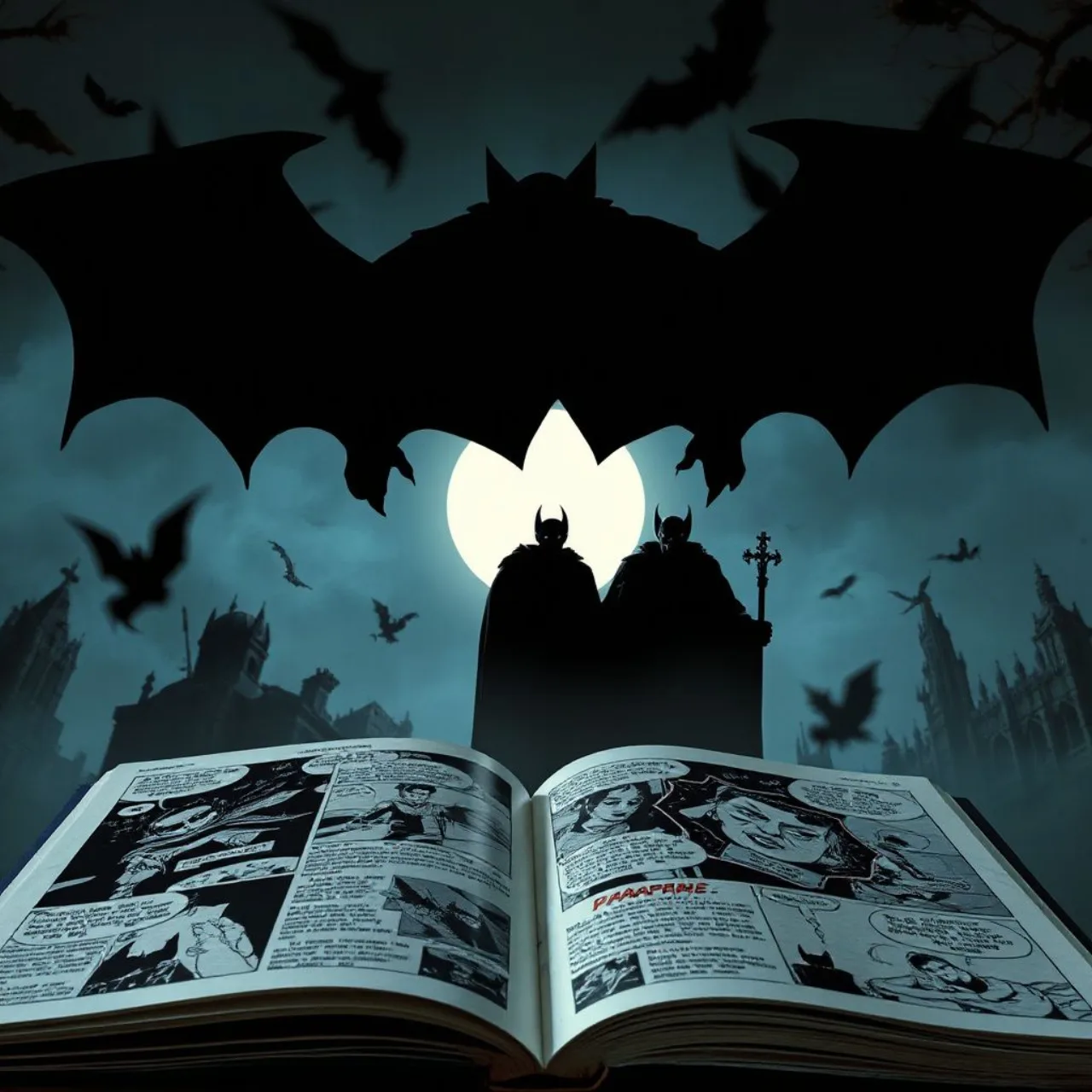Dracula, Blade e Morbius ao lado de Varné e Lilith, sob iluminação sombria, com o logo da Marvel ao fundo