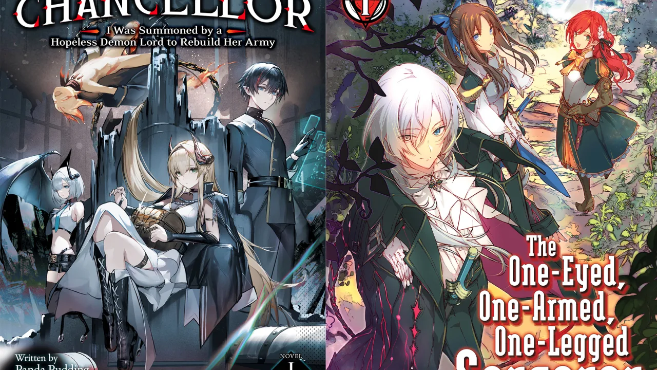 Logotipo da Seven Seas cercado por capas coloridas dos oito novos lançamentos: herói de fantasia, nave espacial e casal BL