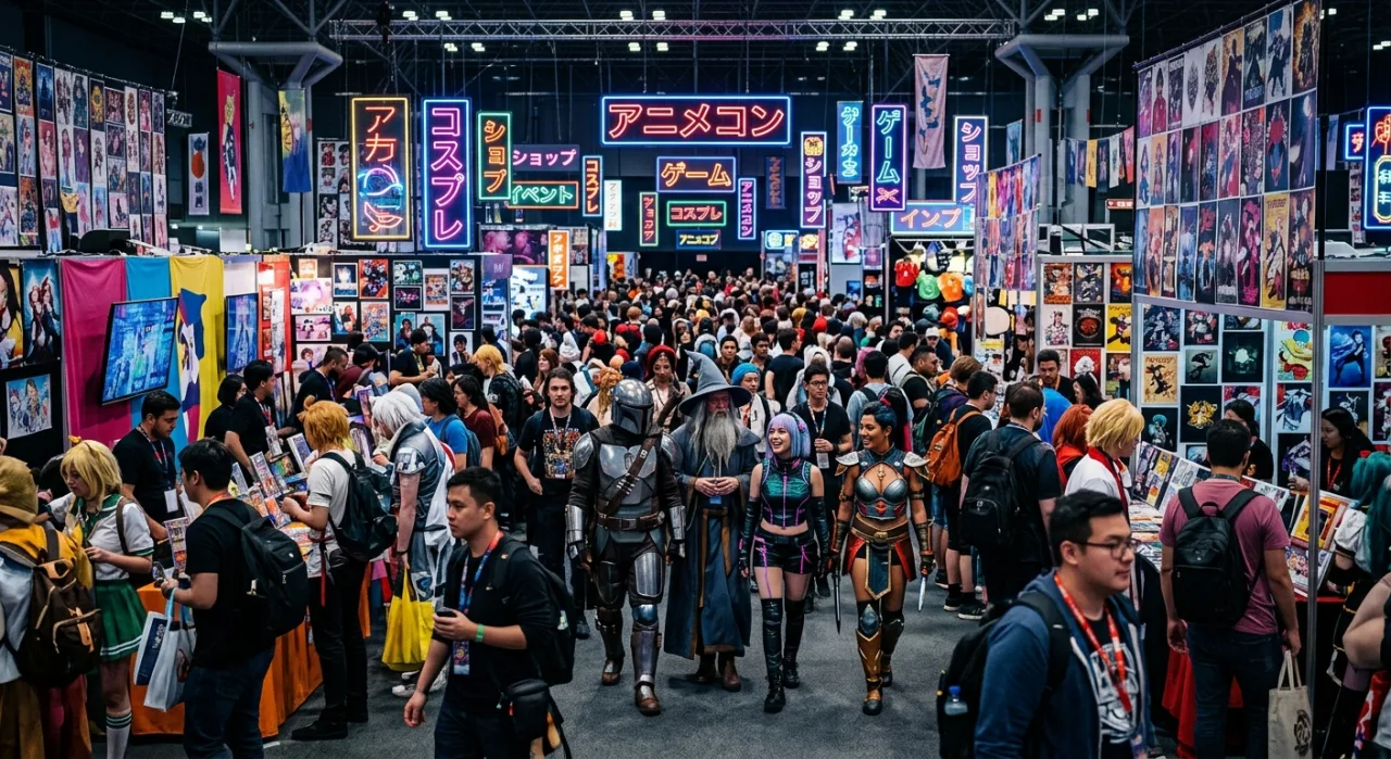 Jovem atleta em roupa de compressão faz agachamento com halteres ao ar livre, ao fundo painéis de anime vibrantes