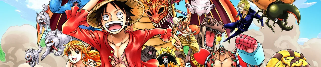 Criança em traje de marinheiro faz flexão enquanto segura um livro de One Piece, ao fundo halteres